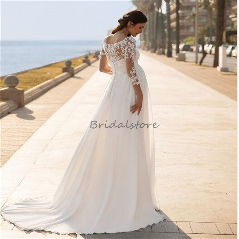 Zwangerschaps Boho Trouwjurk Met Kant Doorschijnende Hals Lange Mouwen Boheems Strand Bruidsjurk 2024 Borstel Trein Elegante Zwangere Vrouwen Bruidsjurken Chic Robe De Mariage