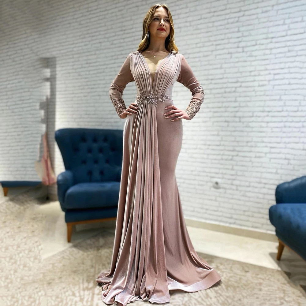 Gracieuse Dubaï Arabe Kaftan Abaya Robes De Soirée Sexy Col En V Plis Cristaux Perlés Occasion Spéciale Robes De Bal Balayage Train Sirène Femmes Robe De Soirée Formelle CL3132