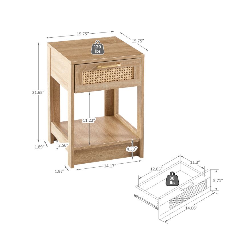 Table d'appoint en rotin de 15,75 pouces avec tiroir, table de chevet moderne, table d'appoint pour salon, chambre à coucher, naturel