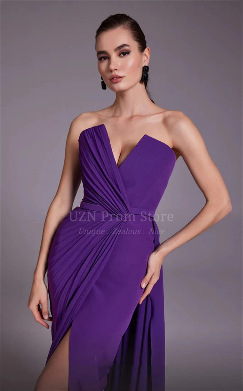 Classic Dark Purple Mermaid Prom Dresses 2024 Scalloped Neck Satin Pleats Evening Gowns Slit Saudi Arabia Party Dress YD