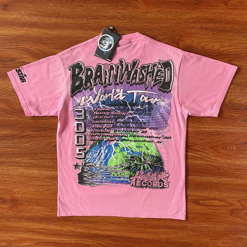 Hellstar World Tour Limited 3D Eye Print Podwójny bawełniany krótki rękaw mężczyźni i kobiety High Street T Shirt Rapper Wash Grey Heavy Craft Unisex Pink Short Sleeve Smlxl