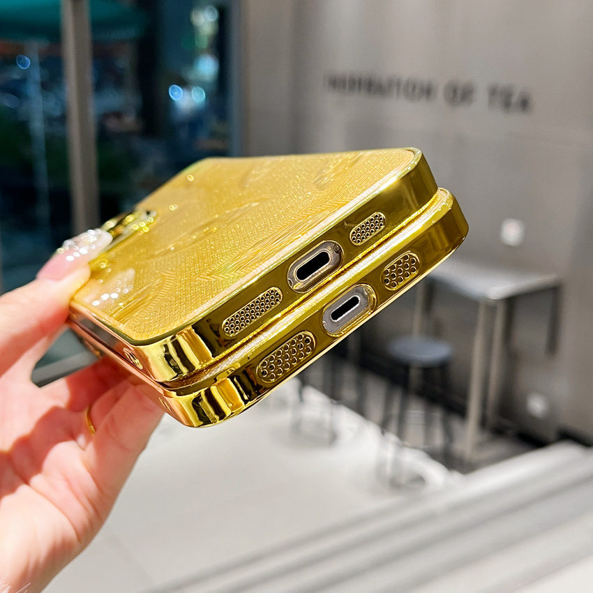 Coque de téléphone de luxe plaquée 3D, feuilles d'or, pour iPhone 11 12 13 14 15 Pro Max 7 8 Plus X XS XR, coque arrière rigide en PC