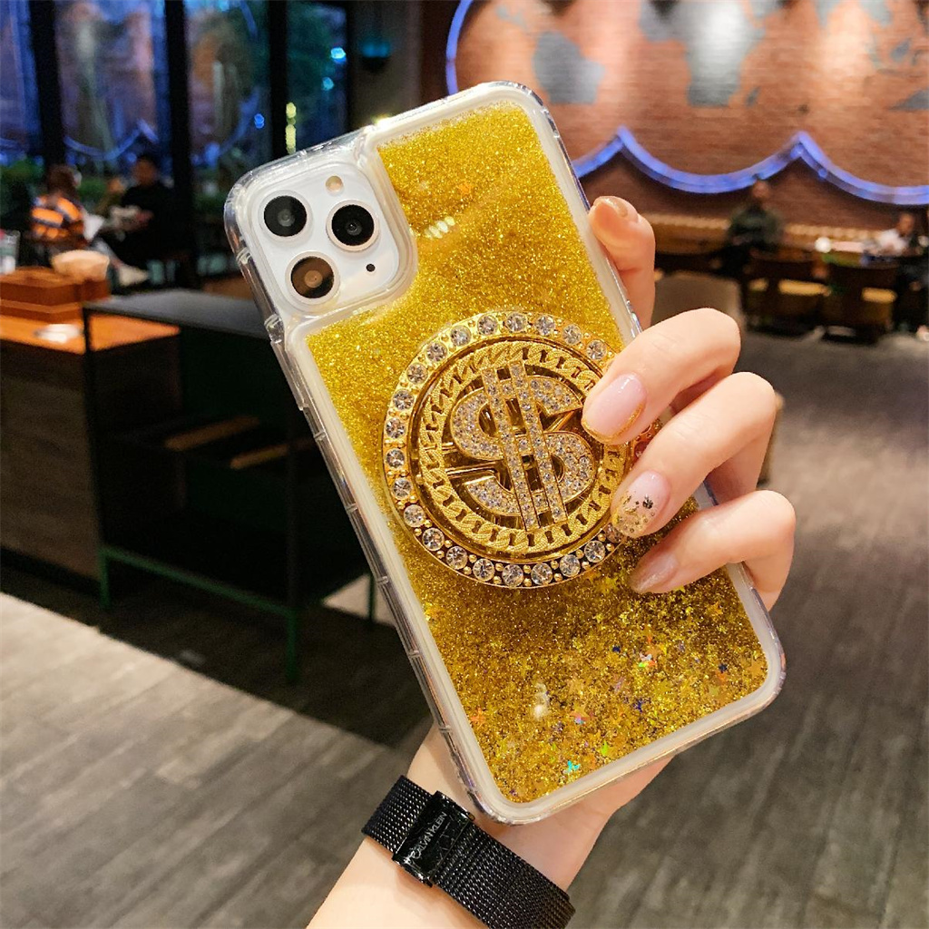 Diamond Encrusted Gold Phone Case for iPhone 15 14 13 12 11 Pro Max Mini 7 8 x xs xr Case Quicksand Liquid Rotating Good Luck Phone Case