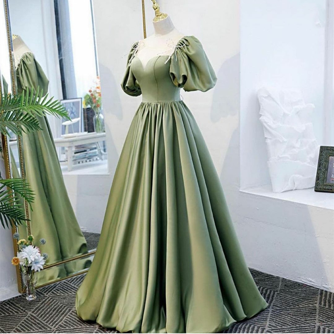 Vintage Long Green Satin Prom Dresses With Pearls/Pockets A-Line Sweetheart Pleated Watteau Train Party Dress Maxi Formal Evening Dresses for Women