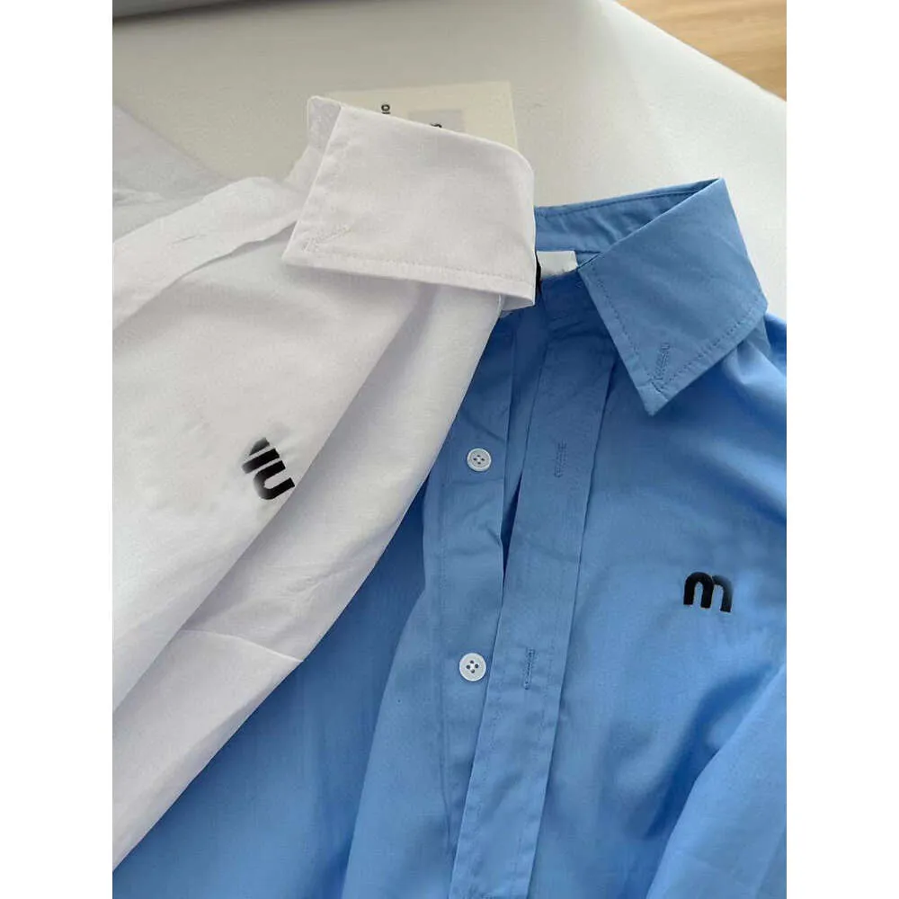 Women`s Clothing Letter Embroidered Shirt Spring Autumn Long Sleeve Fashion Single-breasted Casual Turn-down Collar Blue Blouse