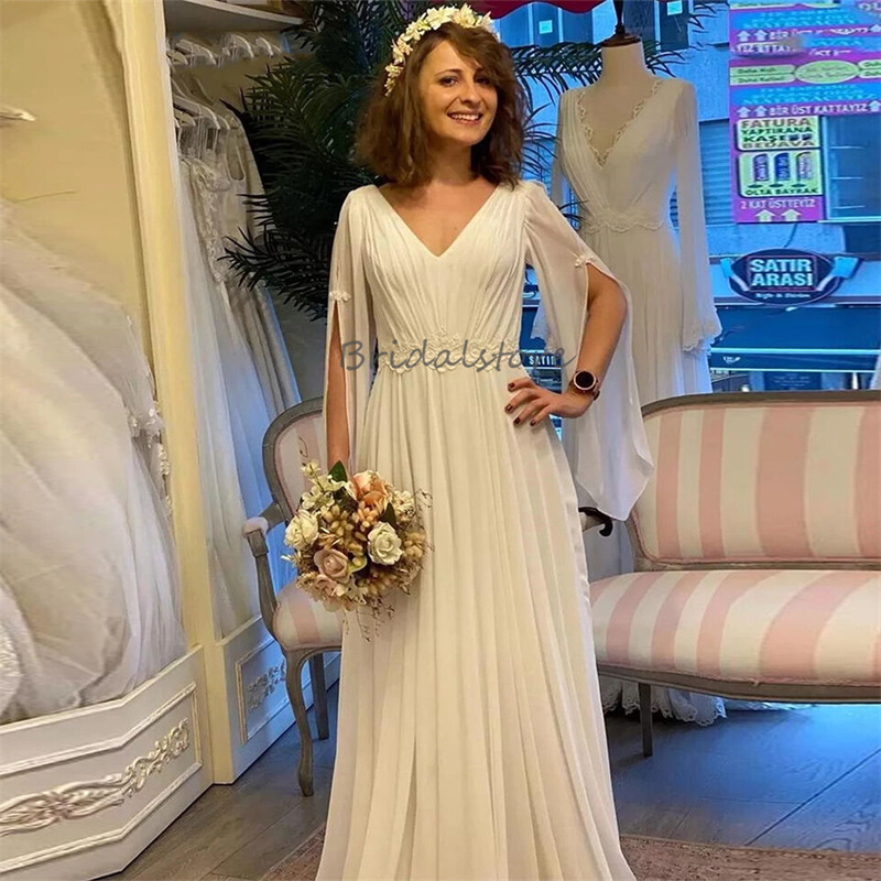 Abito da sposa semplice in chiffon da spiaggia 2024 con maniche Gatsby Boho Abito da sposa fata Sexy scollo a V Backless Abiti da sposa eleganti Stile country coreano Robe De Mariee Chic