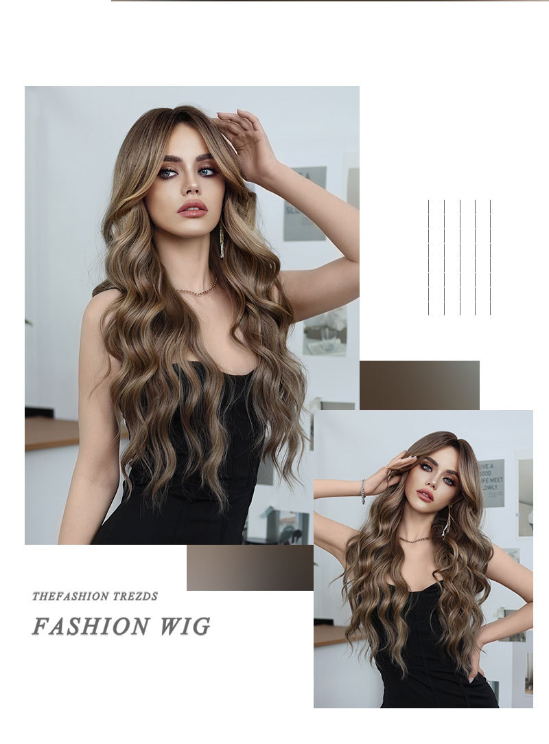 Bronze blonde wig female fashion long curly hair eight bangs big wave chemical fiber full head cover Wavy Wig wholesale free ship