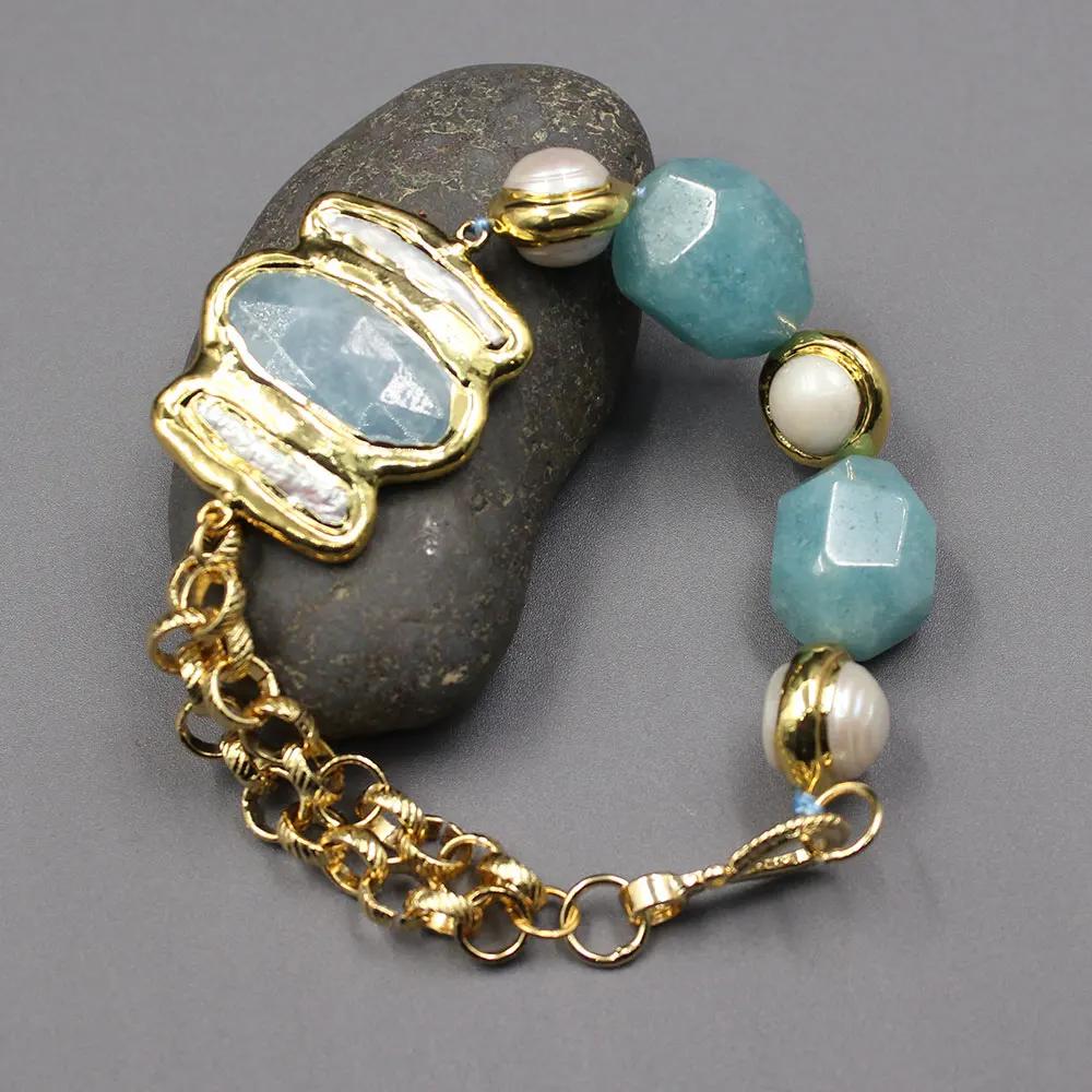 Pulseiras GG Jóias Natural Cultivado Pérola Branca Aquamarine Jade Nugget Biwa Pearl Chain Pulseira Handmade para Mulheres