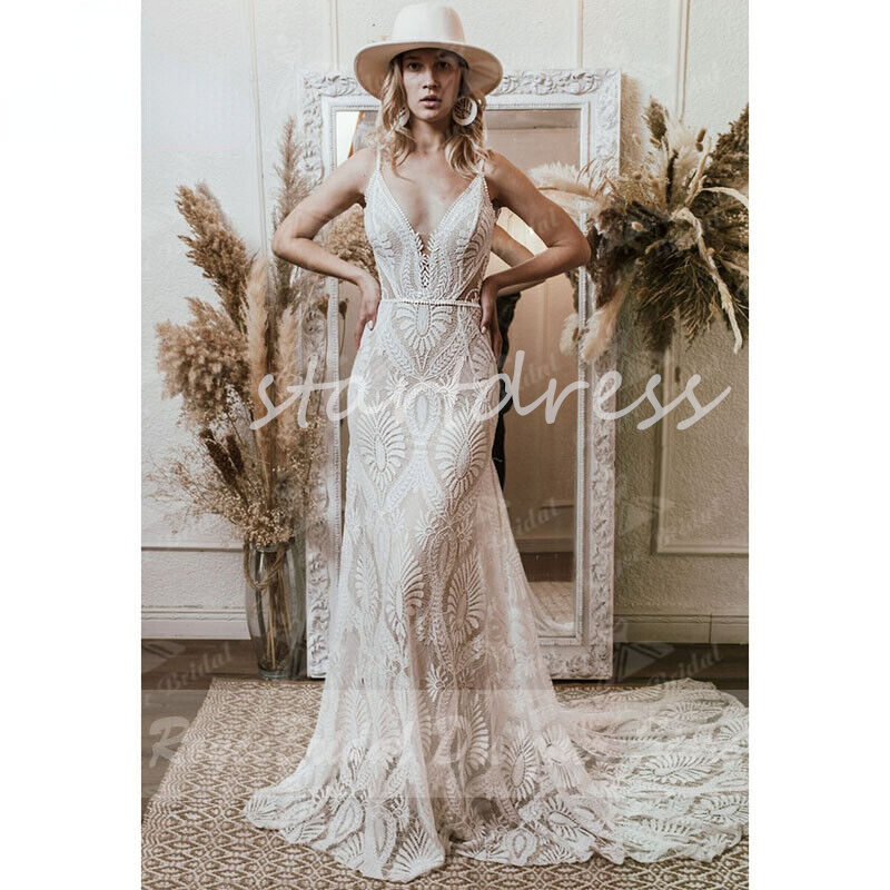 Elegante Boho-Strandhochzeitskleider, sexy V-Ausschnitt, ärmellose Spitze, Spaghettiträger, rückenfrei, böhmisches Spitzenbrautkleid 2024, Gatsby, keltisch, koreanische Brautkleider, schick