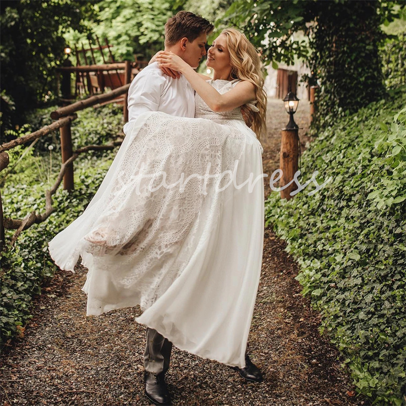 Robe de mariée bohème en dentelle de conte de fées, col rond, Style campagnard, robe de mariée de plage, Sexy, dos nu, sans manches, élégante, robe de campagne civile, 2024