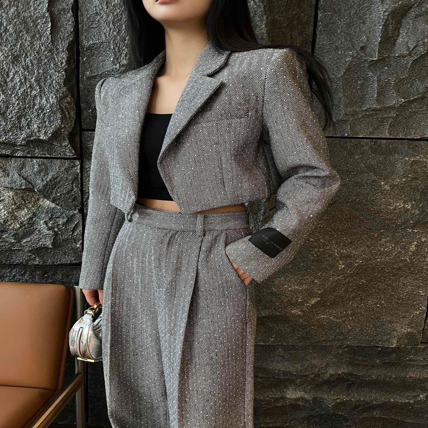 Designer pak gepersonaliseerde mode hete boren kleine print kort jasje pak broek met rechte pijpen tweedelige set