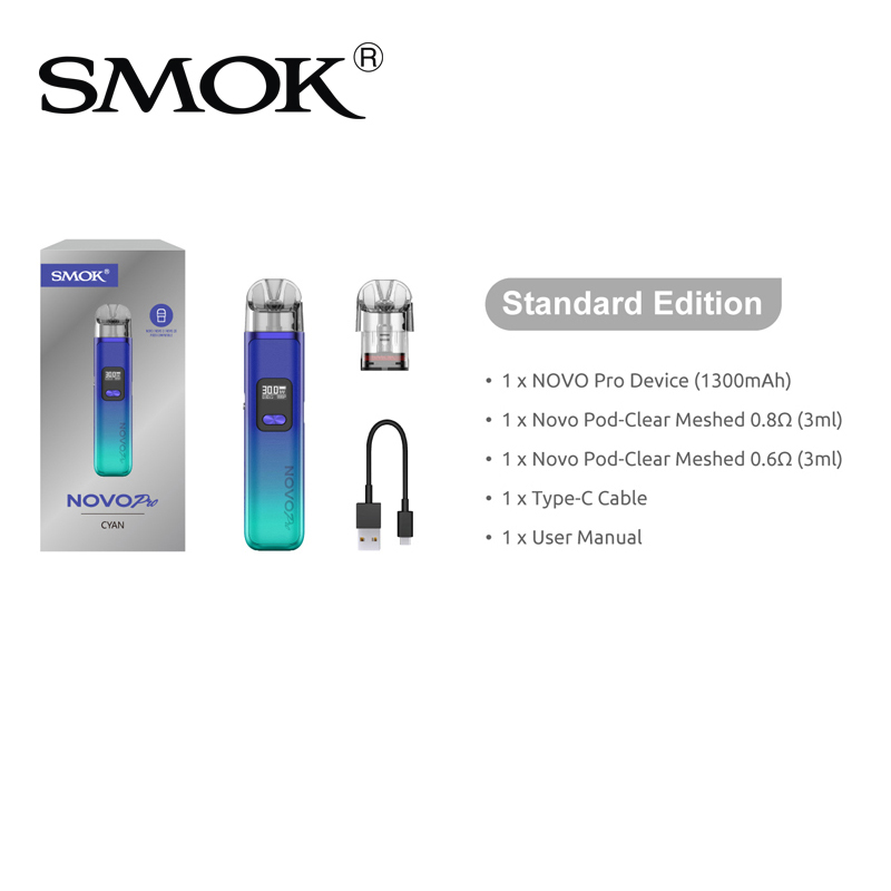 SMOK Novo Pro Kit 30W Pod System Auto Draw Vape Device Built-in 1300mah Battery with 3ml 0.6ohm 0.8ohm Novo Clear Meshed Cartridge 100% Authentic