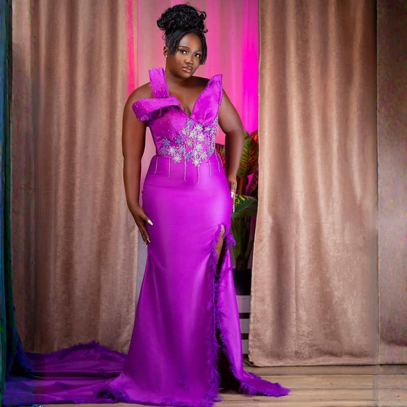 Fucsia Plus Size Aso Ebi Abiti da ballo Piuma alta Spacco Perline Abiti da sera formali occasioni speciali Abiti da festa di compleanno Secondo abito da ricevimento NL244