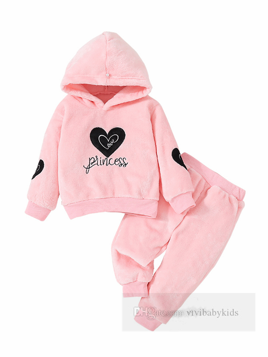 San Valentino ragazze rosa vestiti in pile set bambini amore cuore lettera ricamo con cappuccio manica lunga felpa pantaloni 2 pezzi bambini abiti casual Z6421