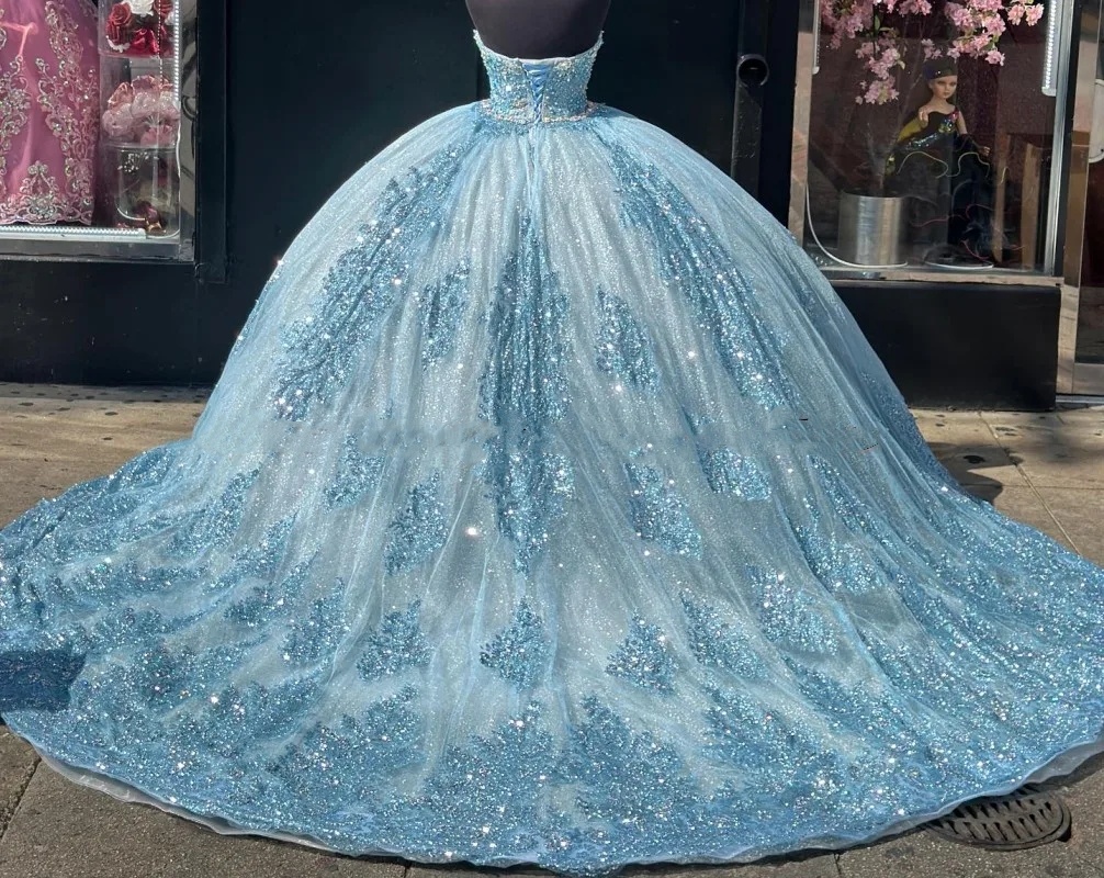 Luxury Blue Sequins Vestidos De 15 Anos Quinceanera Dresses For Debut Sparkly Sweetheart Lace Sweet 16 Prom Pageant Party Gowns