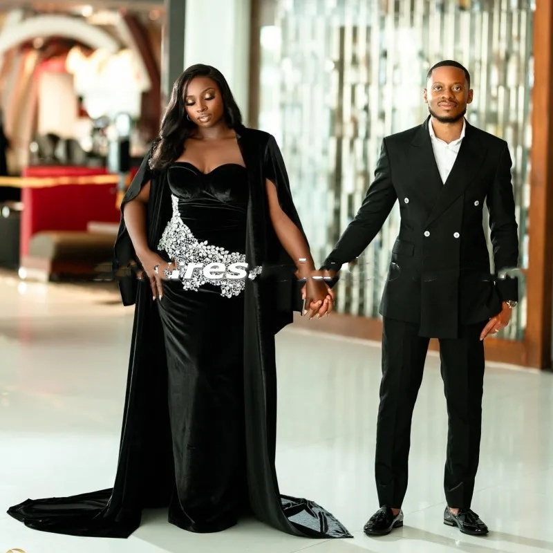 Elegant Nigerian Mermaid Evening Dresses With Cape Crystal 2024 Black Velvet Sparkly Beaded Plus Size Prom Reception Party Gowns Robes De Gala