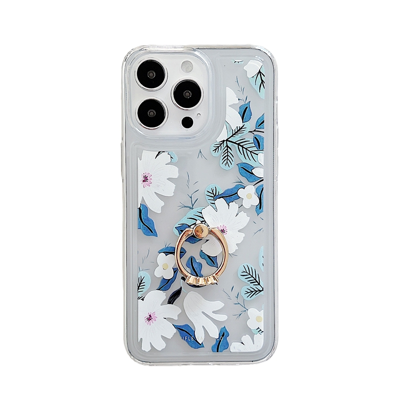 Étuis à fleurs avec anneau en métal pour iPhone 15 14 13 12 11 Samsung S24 A15 A25 A35 A55 A14 S23 Ultra S22 Plus A24 A34 A54 A13 A33 A53 A73 Couverture antichoc florale transparente en TPU souple