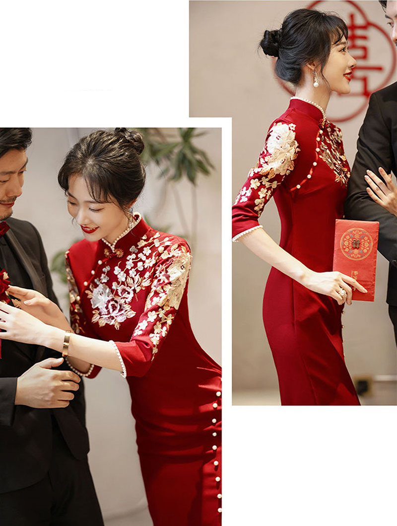 Trationell kinesisk lång delad sida bröllopsklänningar för brud mandarin krage broderi bröllopsklänning vestidos de novia designer brudklänningar te ceremoni