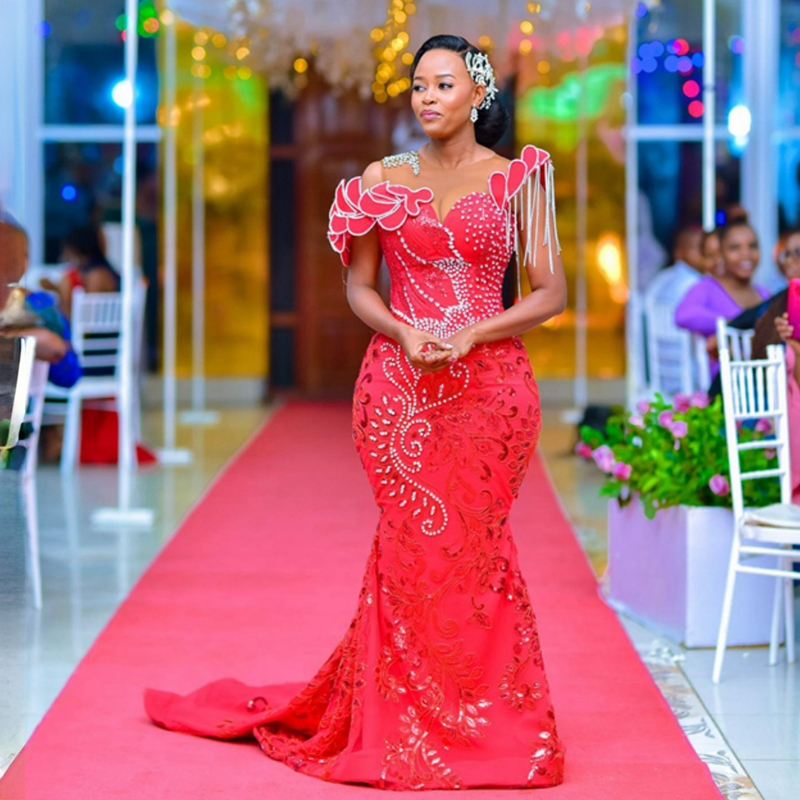 African Plus Size Aso Ebi Ebi Sukienki balowe syrenka Sheer szyi z koralikami Formel Formalna suknia wieczorowa na specjalne okazje przyjęcie urodzinowe Druga suknie odbioru NL286
