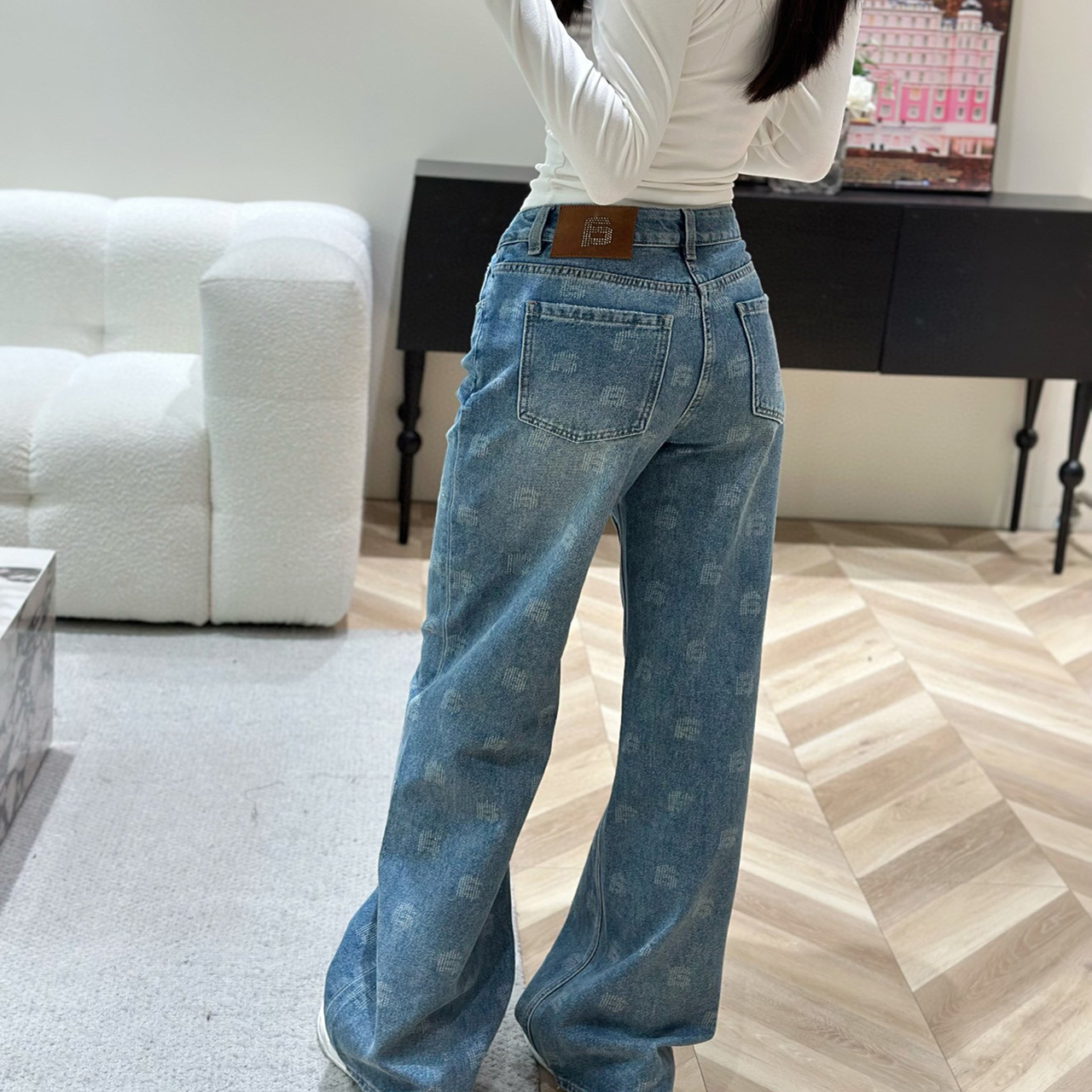 Designer trousers Letters Full print Stretch denim fabric Soft and comfortable Straight leg loose jeans Men's and Women's