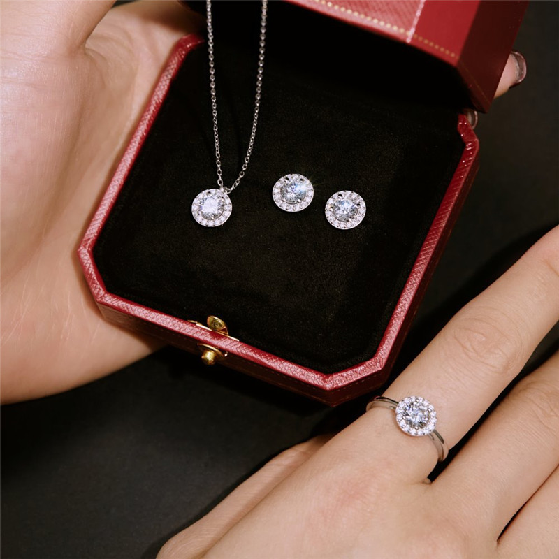 Luxo indiano diamante qua designer conjunto de jóias para mulher gota colar brinco anel 925 prata esterlina rosa zircônia anéis de noivado brincos caixa de presente 3 pçs