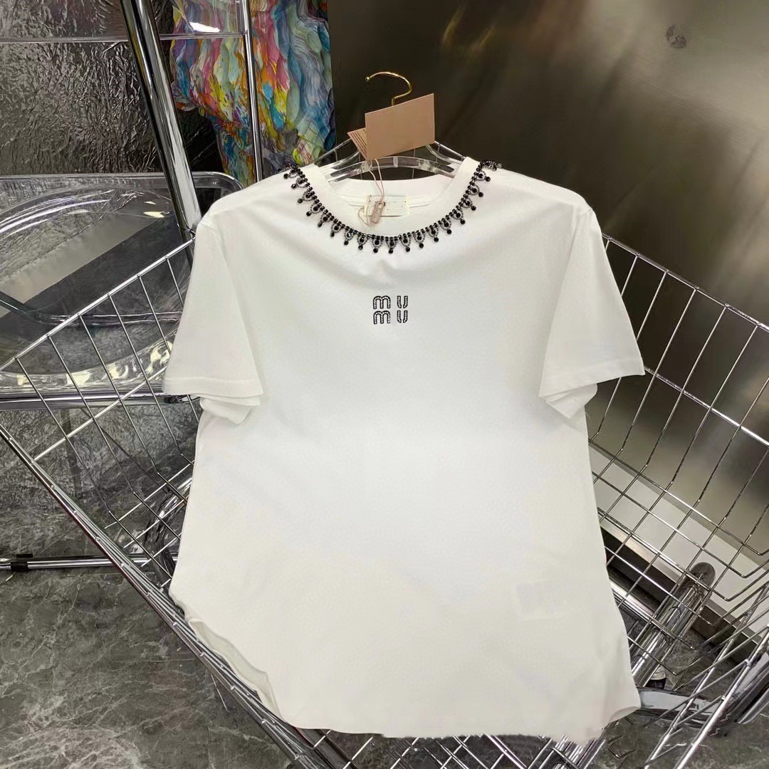 Miumiuss Summer Tshirt for Women Clothing Letter Embroidery Beads O-neck Short-sleeve T-shirt Femme Loose Casual Crop Top 100% Cotton Tee