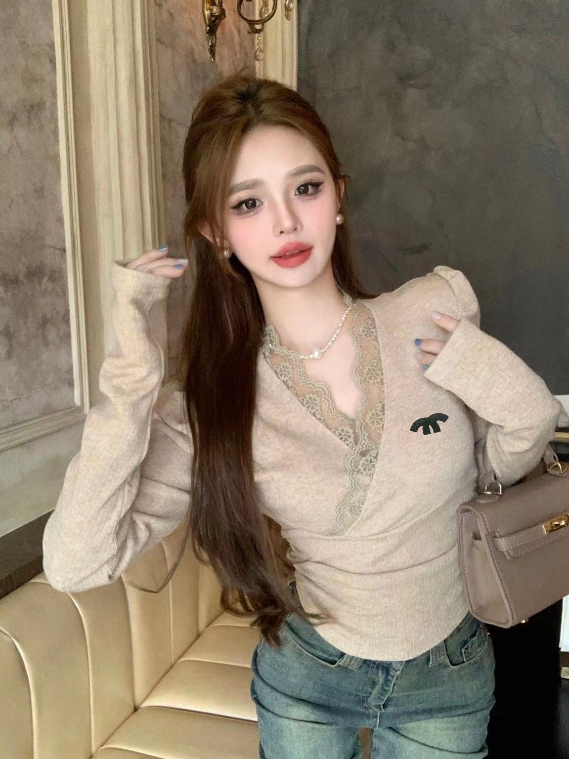 Designer Korean Style Lace Splice V-Neck Knit Base Shirt for Women Spring and Autumn Winter Short Slim-Fit Inside T-shirt Top