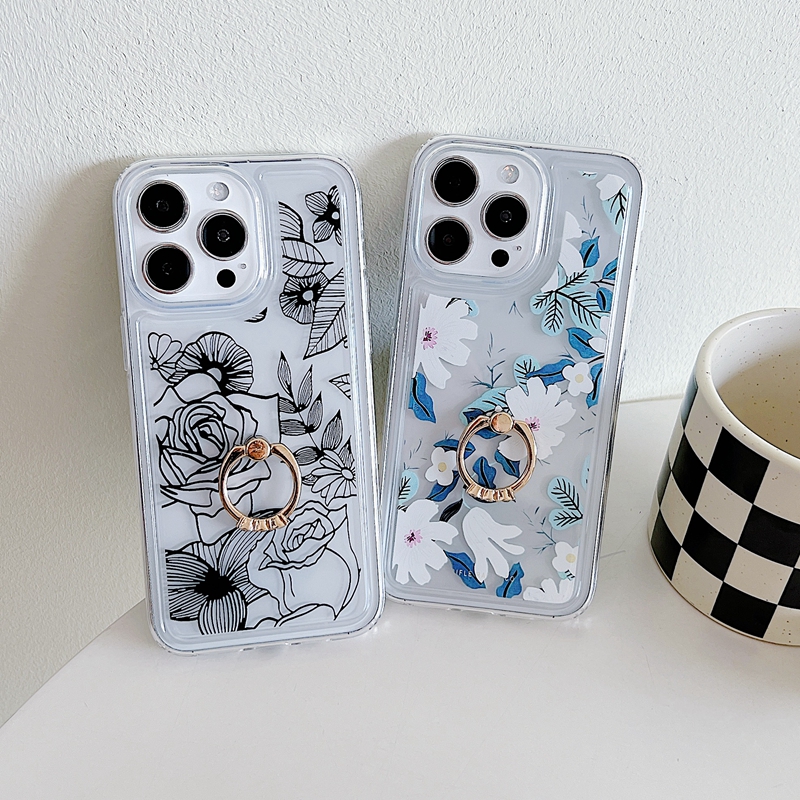 Étuis à fleurs avec anneau en métal pour iPhone 15 14 13 12 11 Samsung S24 A15 A25 A35 A55 A14 S23 Ultra S22 Plus A24 A34 A54 A13 A33 A53 A73 Couverture antichoc florale transparente en TPU souple