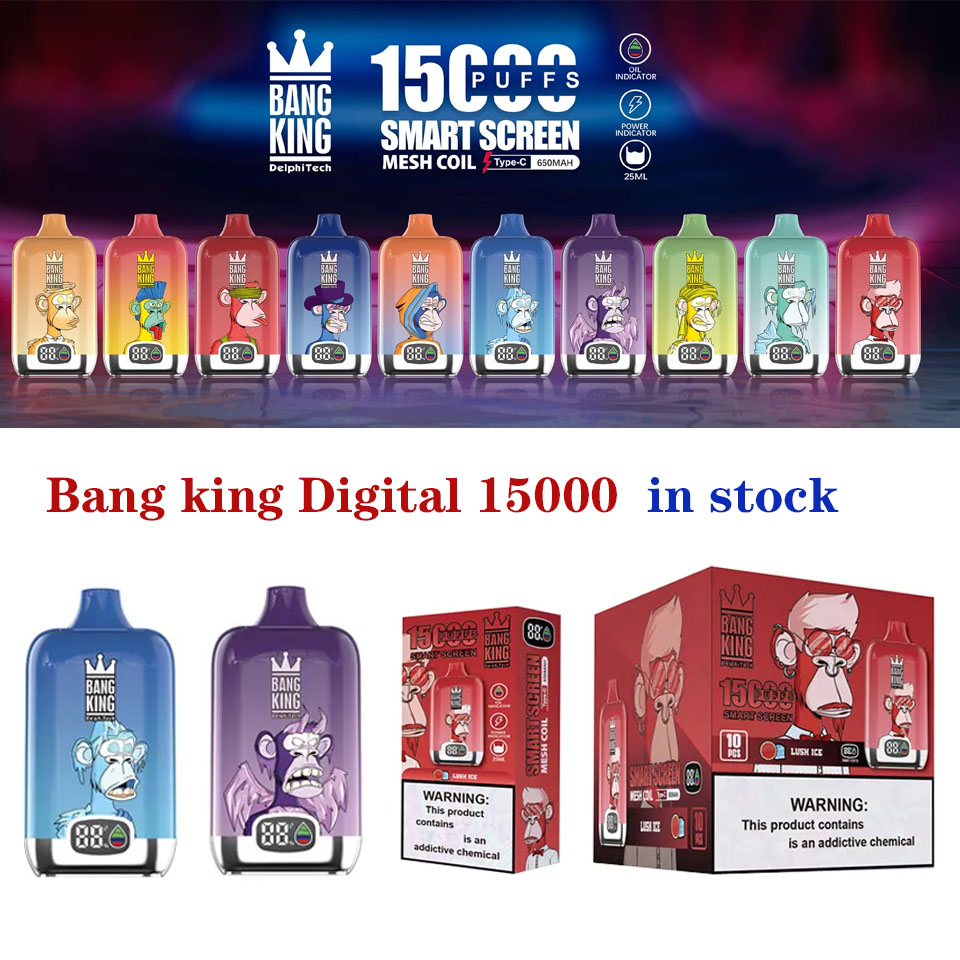 Original Bang Digital 15000 Puff Vape E Cigarros Descartáveis 1,0 ohm Mesh Coil 25ml Pod Bateria Recarregável Eletrônico Cigs Puff 15K 0% 2% 3% 5% Vape King VS RandM 12000