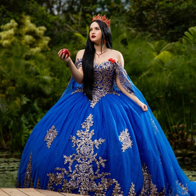 Blue Off Shoulder Ball Gown Quinceanera Dresses 2024 Sweet 16 Princess Appliqued Lace With Cape Party Gowns Vestido De 15 Anos