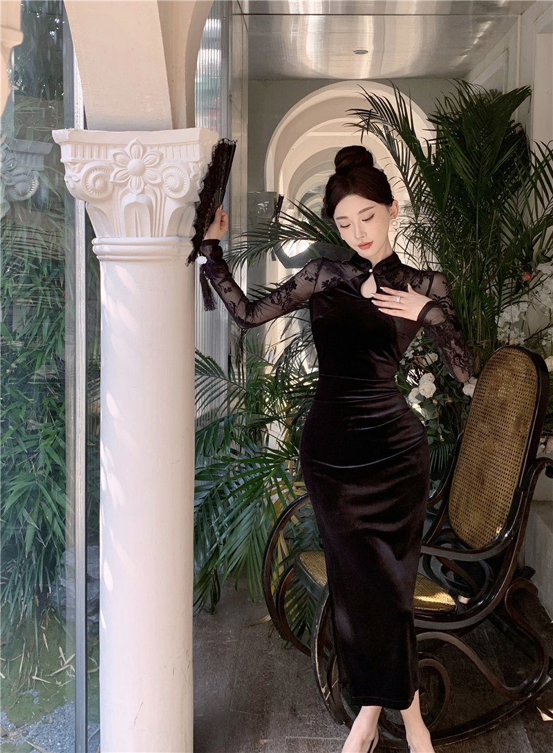 Kvinnors stativ krage retro kinesisk cheongsam stil gasväv blommig perspektiv långärmad sammet sexig klänning sml