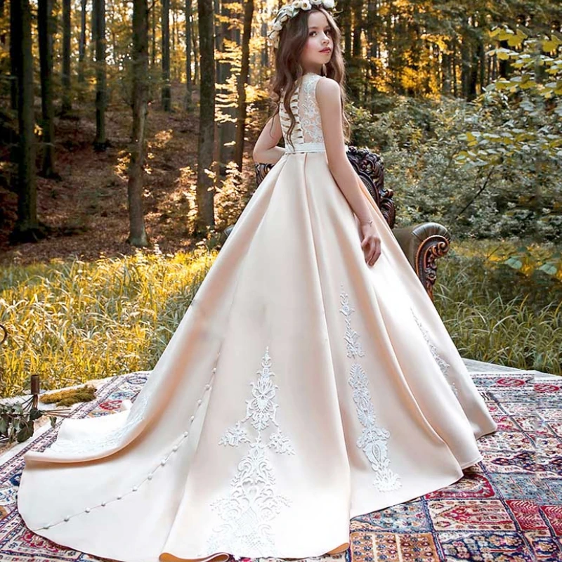 Elegante longo flor menina vestidos jóia pescoço cetim sem mangas apliques com faixa vestido de baile até o chão para festa de casamento