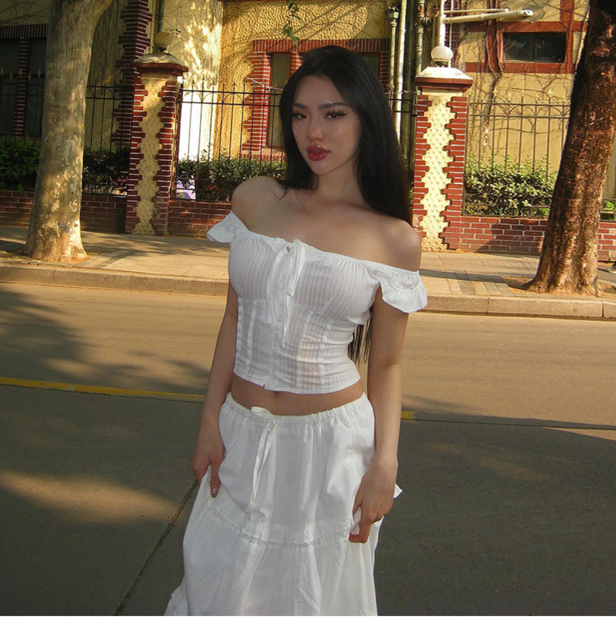 Women's slash neck off shoulder short sleeve pleated crop top and high waist ball gown long skirt set dress suit SML