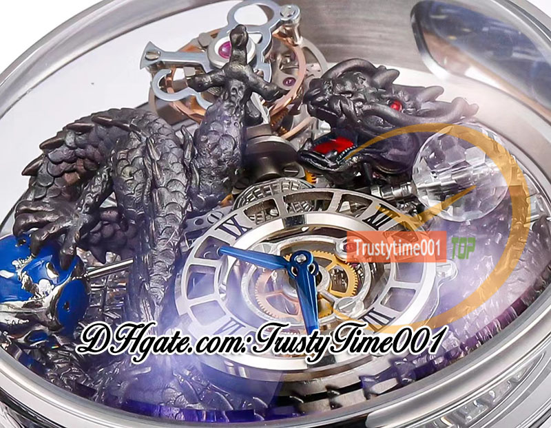 RMF AT112.31.DR ASTCONIA TOURBILLON 기계식 남성 시계 아이디 아웃 포장 된 바게트 다이아몬드 3D 아트 블랙 드래곤 다이얼 가죽 슈퍼 에디션 TrustyTime001Watches