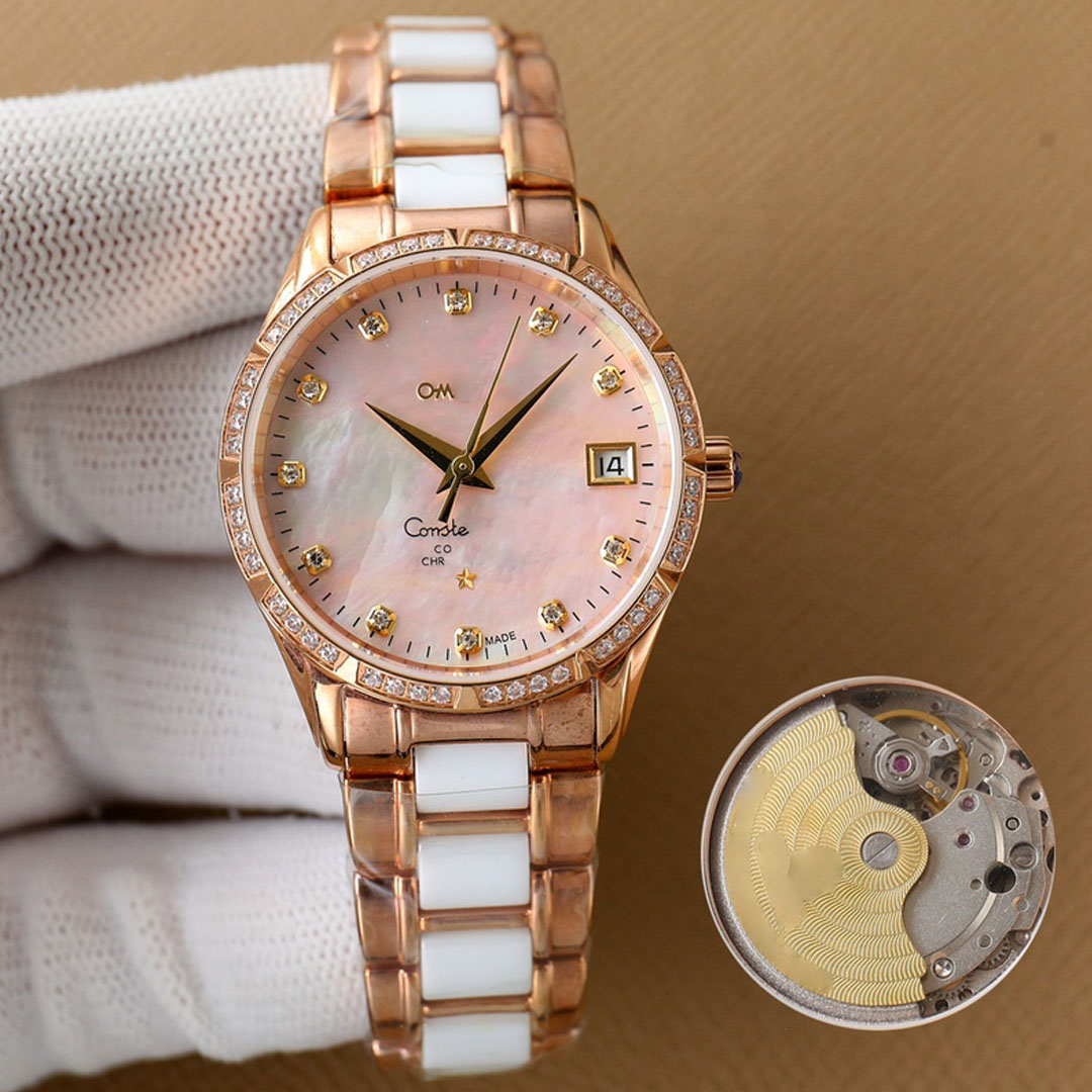 여자 고급 시계 고급 다이아몬드 인셔 주거 거울 스크래치 디자이너 세련된 스틸 세라믹 캘린더 시계