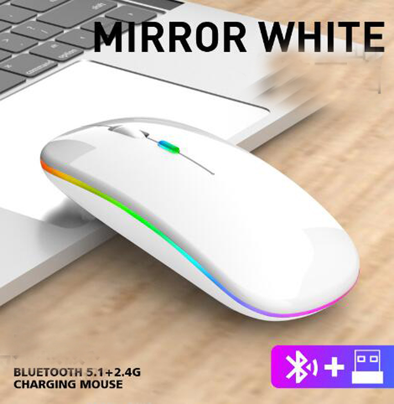 Laddningsbara trådlösa Bluetooth -möss med 2,4 g mottagare 7 Färg LED -bakgrundsbelysning Silent Mice USB Optical Office Gaming Mouse för dator Desktop Laptop PC Game Nytt