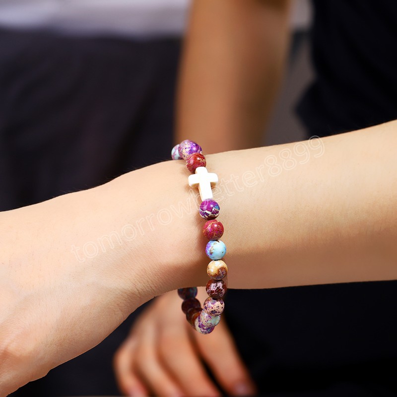 Bracelet élastique en pierre colorée, croix, perles faites à la main, pour femmes et hommes, Bracelet de guérison énergétique, chance, prière, bijoux cadeaux