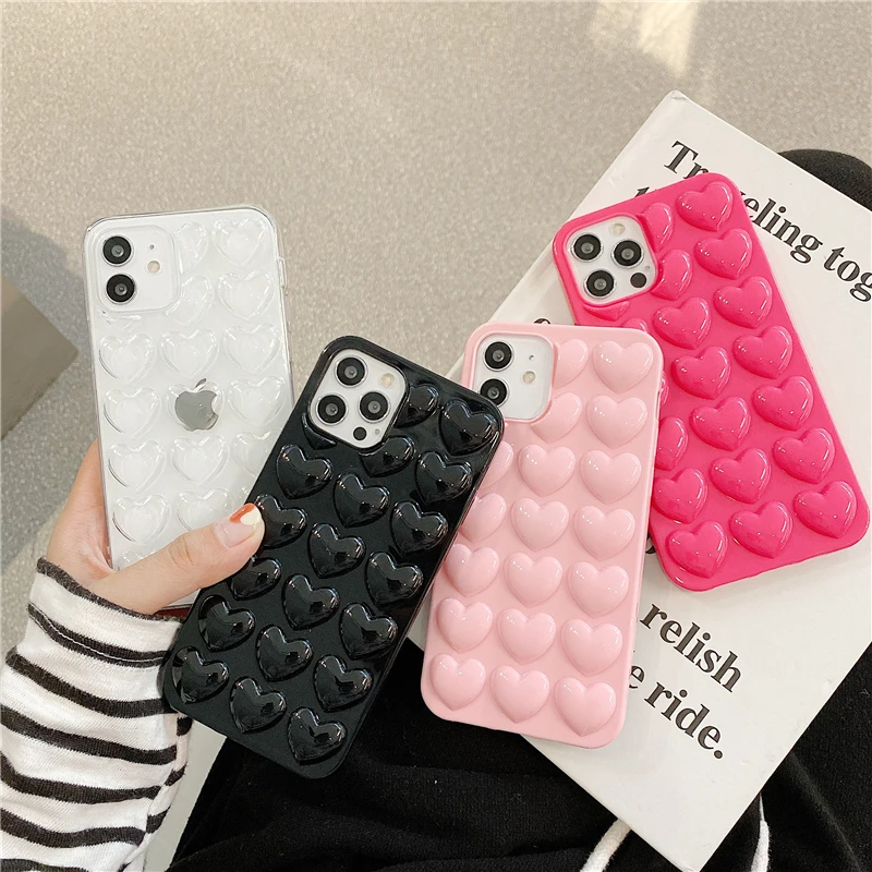 Jolie coque arrière couleur bonbon pour iPhone, compatible modèles 14, 13, 12, 11, 15 Pro Max, 14 Plus, cœur d'amour 3D