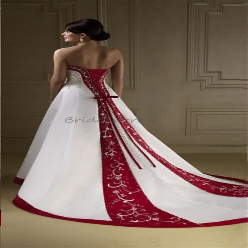 Vintage branco e vermelho gótico vestidos de casamento bordado halloween vitoriano país vestidos de noiva querida fantasia romântica medieval estética frisada noiva