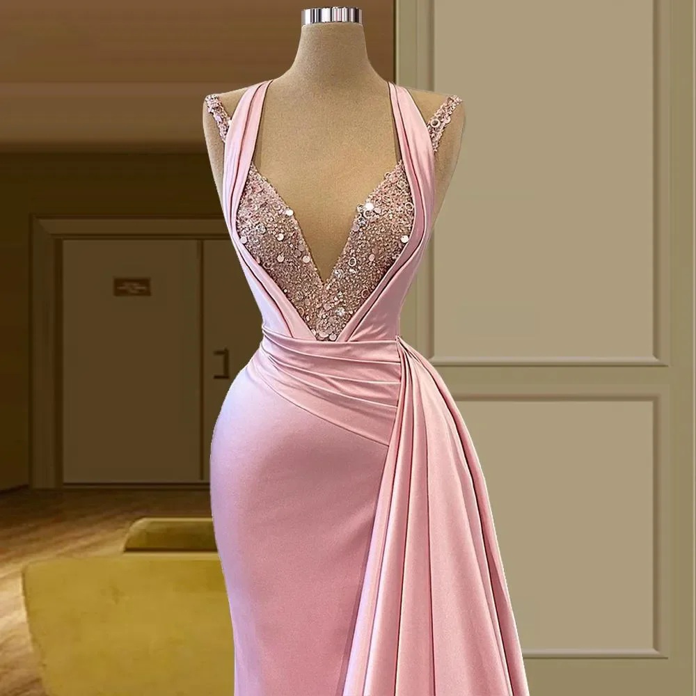 Pink Mermaid Evening Dresses Dubai Sleeveless Party Lace Women Prom Dress Middle East Sweep Train Custom Evening Dress YD