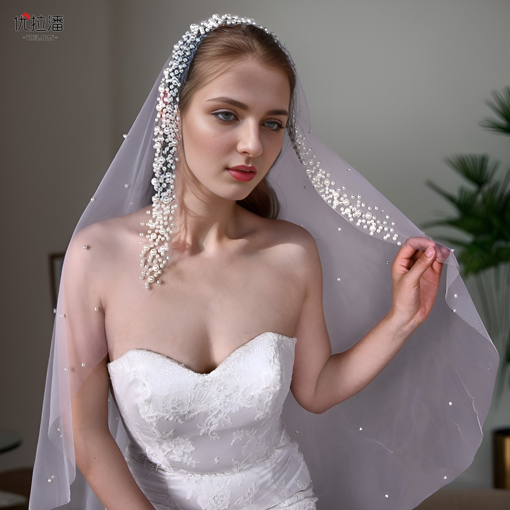 Véu de casamento feminino com pérolas elegantes, tiara macia de tule, 3m de comprimento, véu catedral de noiva, acessórios para cabelo de casamento para noiva cl3159