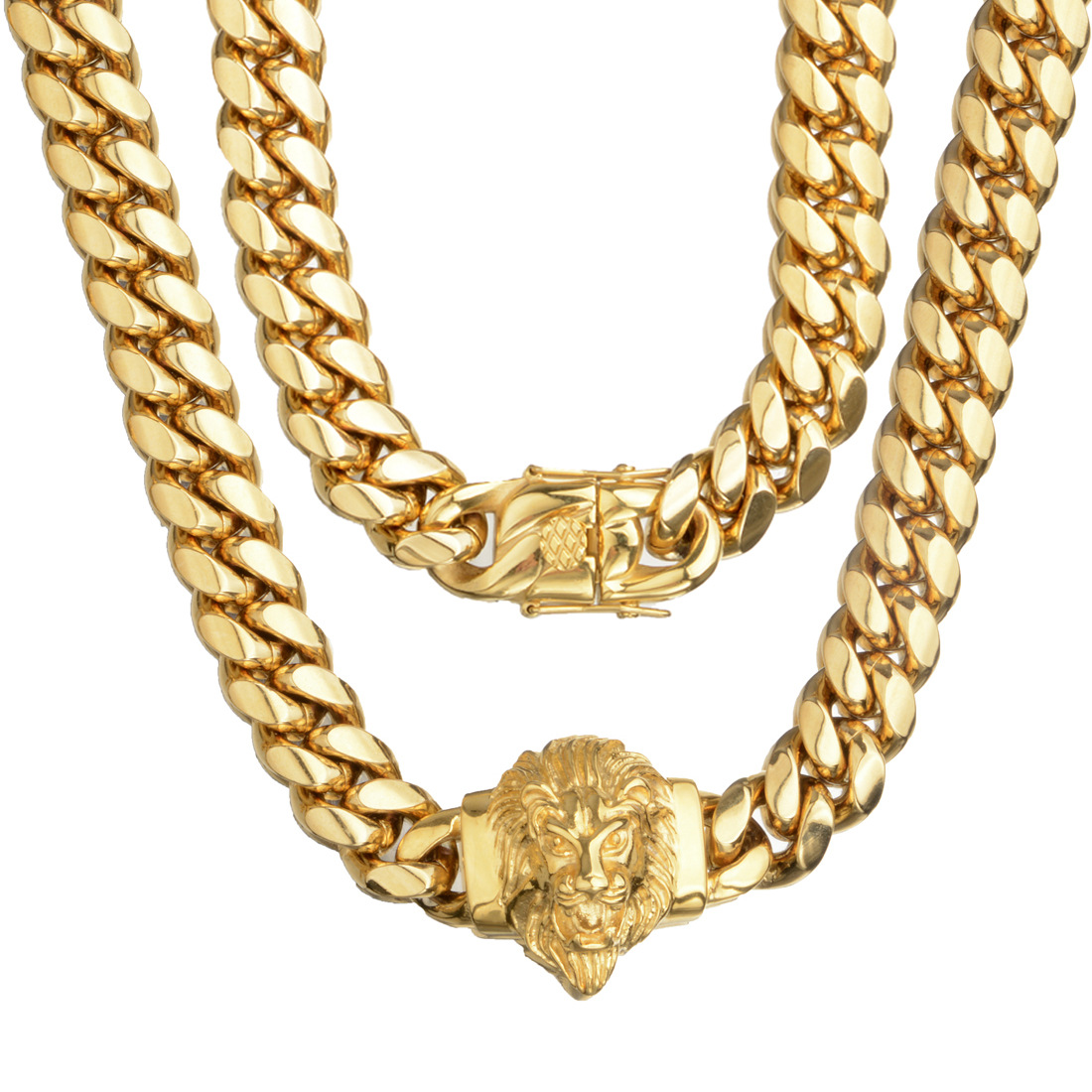 14mm Hip Hop Lion Head Stainless Steel Miami Cuban Link Chain Necklace Jewelry Set Full 5A Zircon 18K Gold Plated Accessories