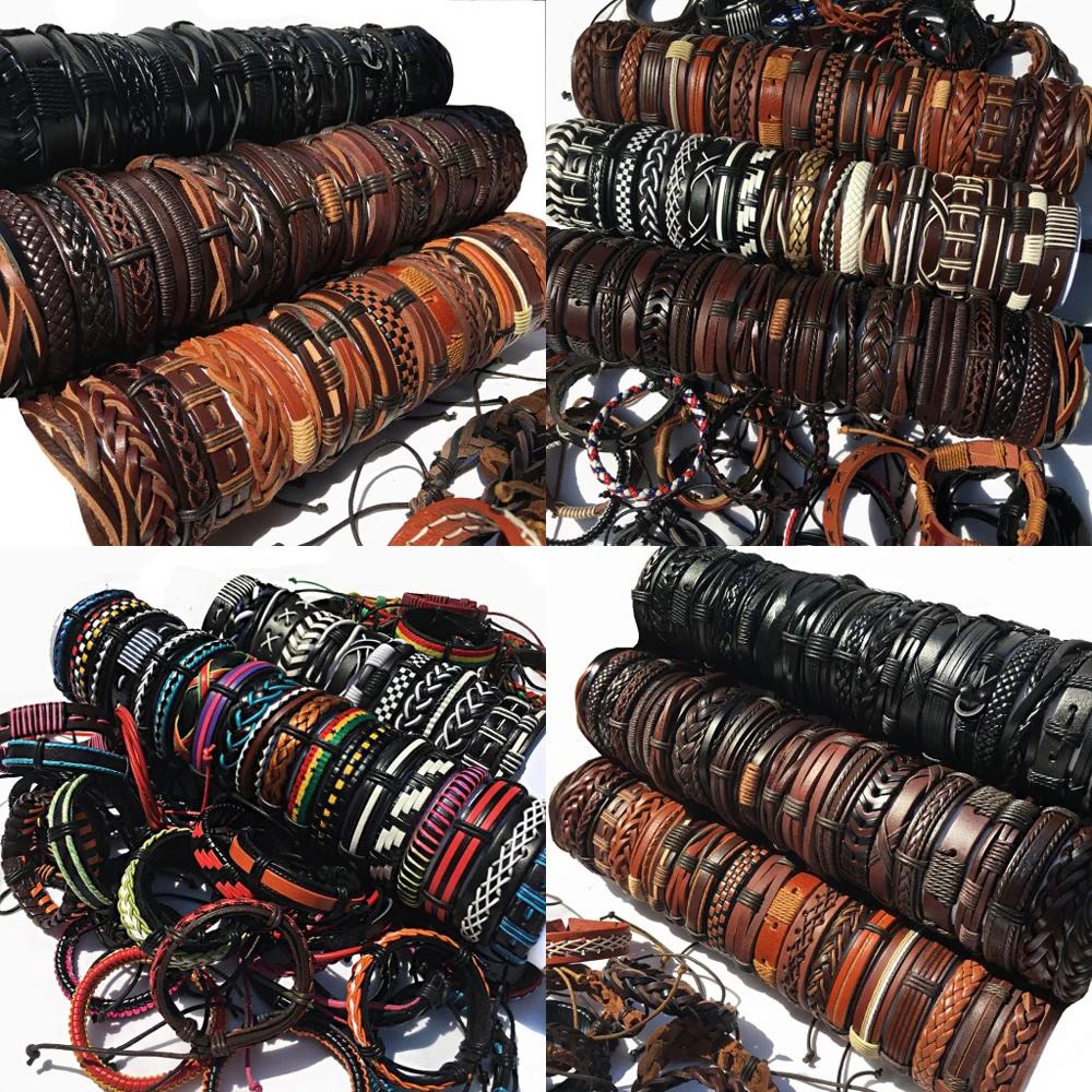 Bracelets Aléatoire 100 pièces/ensemble tissage Wrap cuir hommes Bracelets pour Femme bracelets Femme Homme mâle bijoux Pulsera Hombre Erkek Bileklik WP14