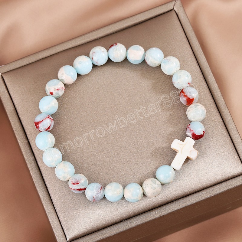 Bracelet élastique en pierre colorée, croix, perles faites à la main, pour femmes et hommes, Bracelet de guérison énergétique, chance, prière, bijoux cadeaux