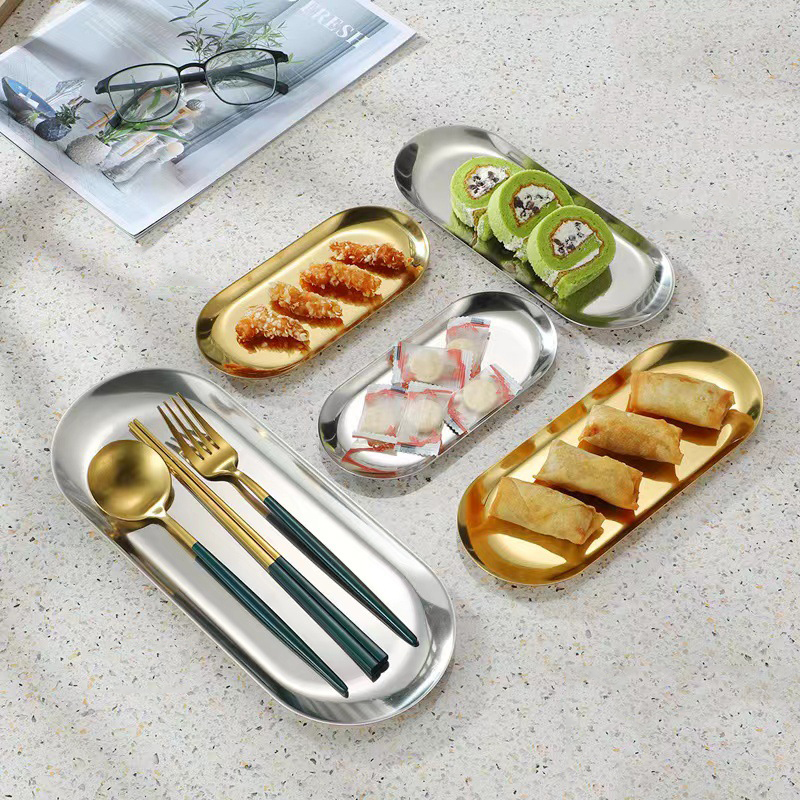 Oval Stainless Steel Gold Dining Plate Dessert Plate Nut Fruit Cake Serving Trays Snack Kitchen Plate Steak Towel Dish Cosmetics Jewelry Trinket Storage Tray HW0160