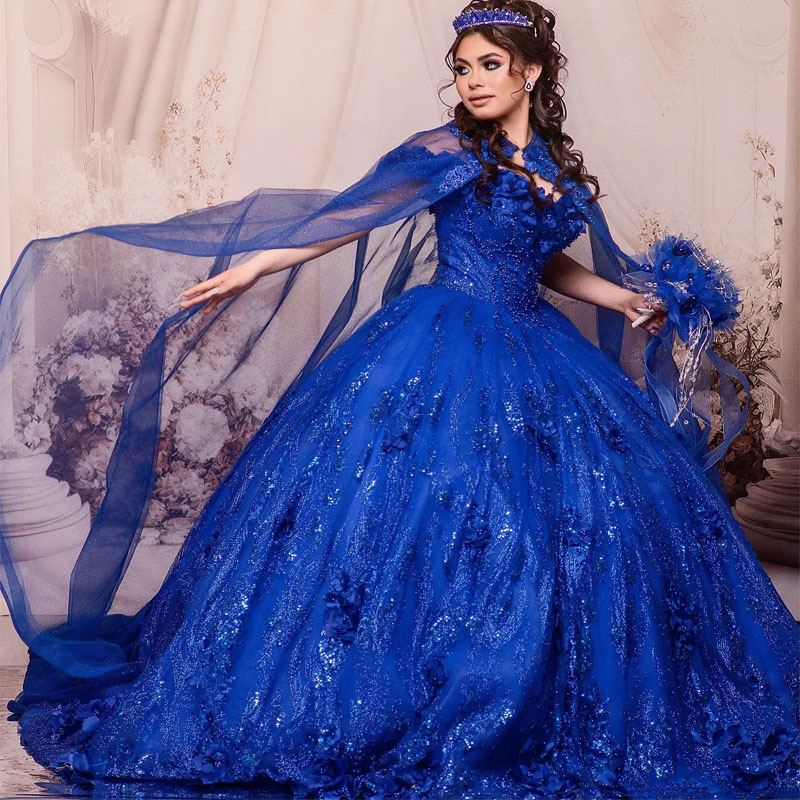 ネイビーブルーの光沢のある恋人Quinceaneraドレスケープスウィート16ガウン3DフラワービーズQuinceanera Vestidos de 15