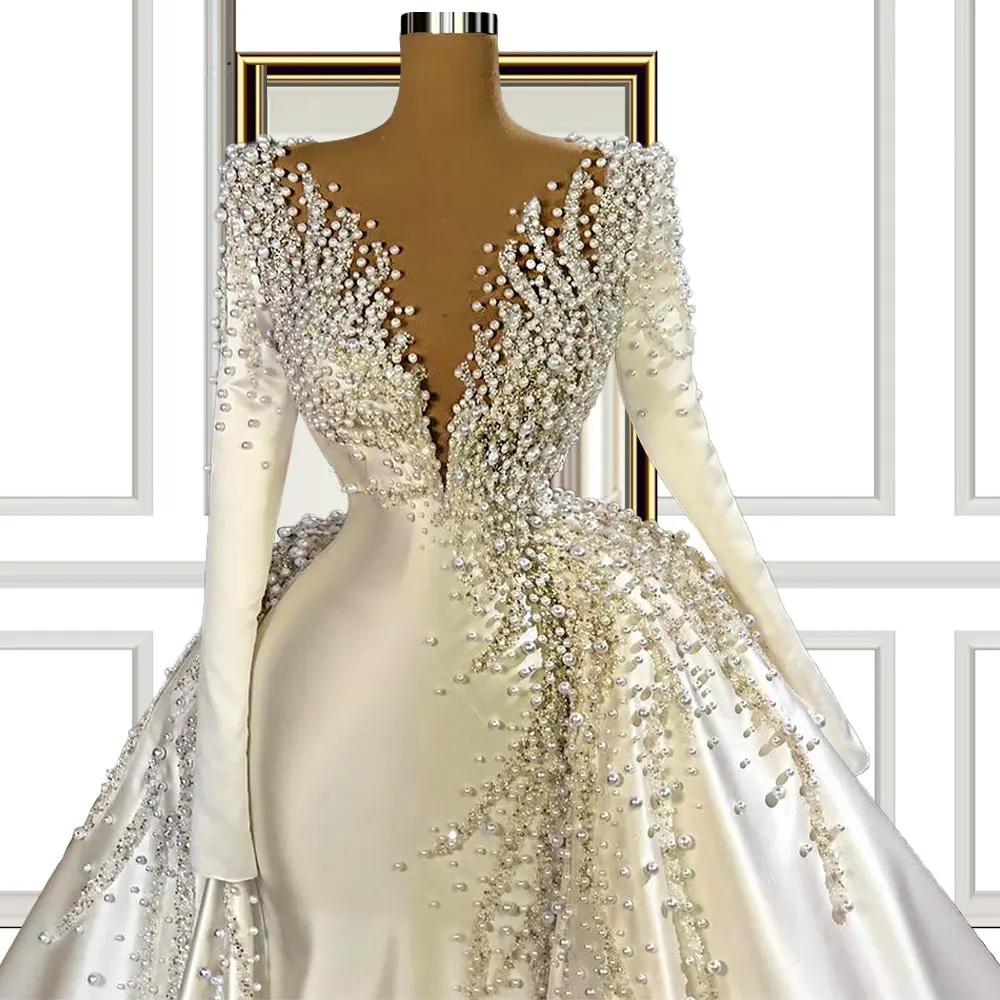 One Shoulder Long Sleeve Mermaid Satin Wedding Dresses with Detachable Train Luxury Heavy Pearls Bridal Gowns