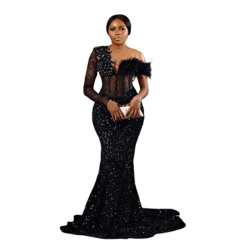 Glitter Sequined Black Mermaid Prom Dresses Long Sleeves Feathers Lace Beaded Aso Ebi Evening Party Gowns Sheer One Shoulder Special Occsion Dress For Women