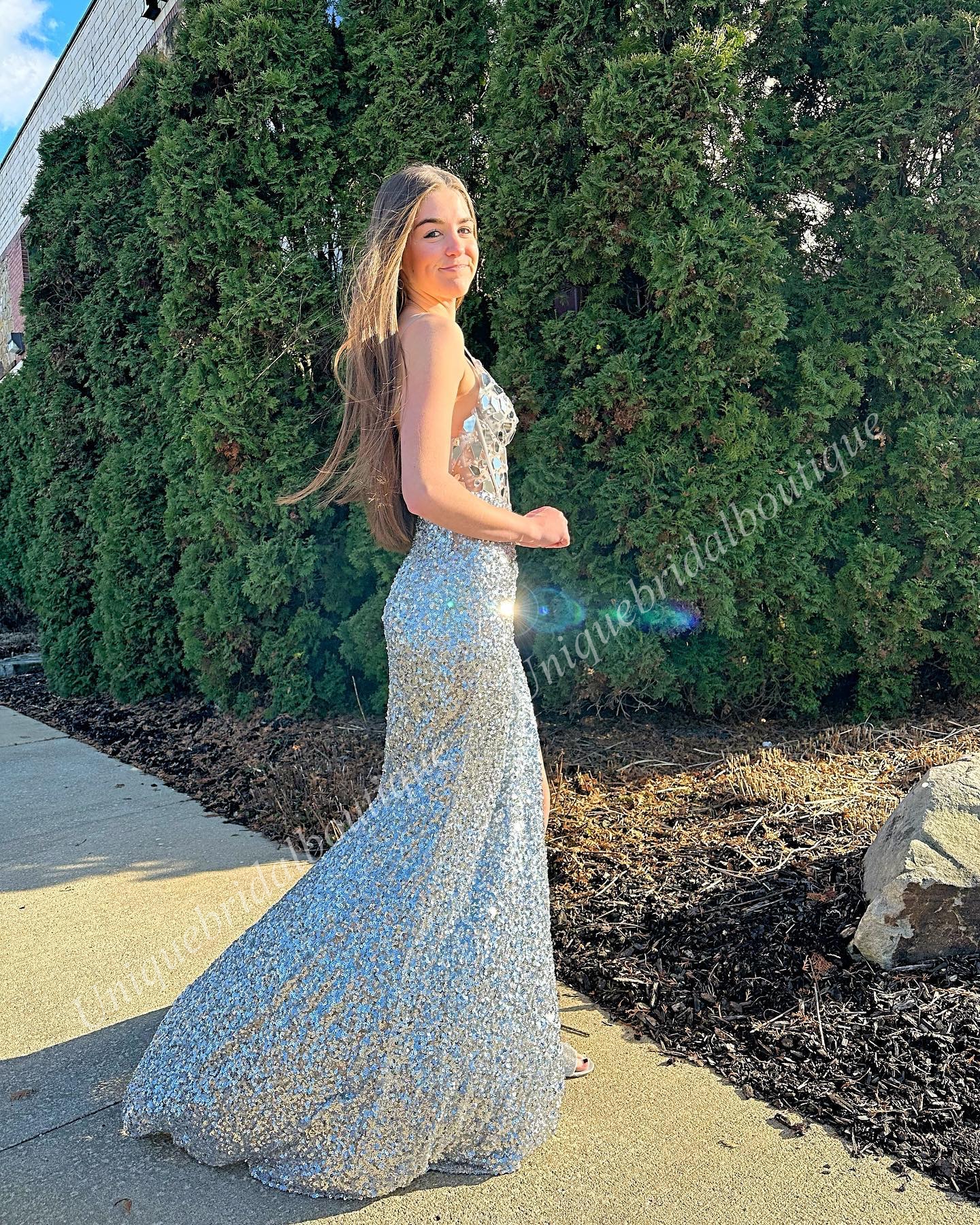 Sequin Prom Dress 2k24 Cut Glass Mirrors Bead Fitted Bodice Lady Girl Pageant Gown Formal Party Wedding Guest Red Capet Runway Black-Tie Gala Hoco High Slit Teal Silver