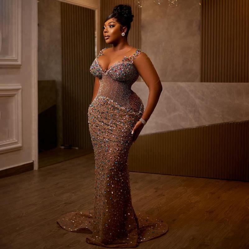 Luxurious Plus Size Aso Ebi Prom Dresses Plus Size Dark Champagne Mermaid Colorful Rhinestones Illusion Tulle Birthday Party Dresses for Special Occasions ST745